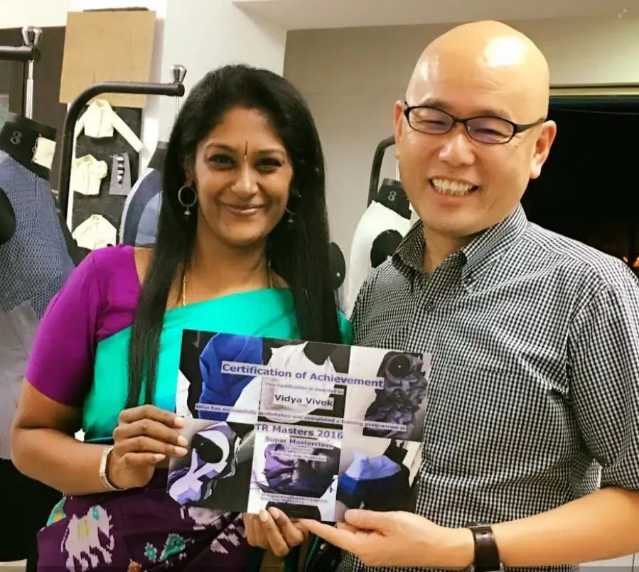 Vidya Vivek with Master Shingo Sato holding the TR Masters Super Masterclass certification