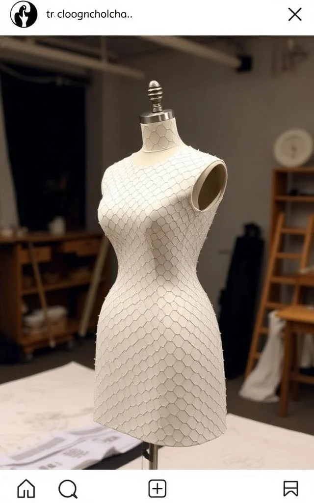 Sculptural calico toile showing curved spiral seams and 3D origami folds